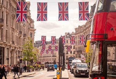 UK flags, high street, London