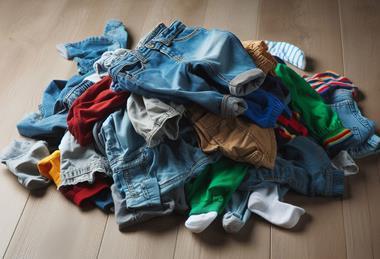 A small pile of crumpled, untidy children's clothes, mainly trousers, all colours