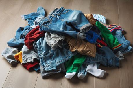 A small pile of crumpled, untidy children's clothes, mainly trousers, all colours