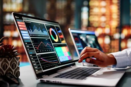 Dashboard, laptop, charts, analysis