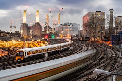 Trains outside Battersea Power Station in London