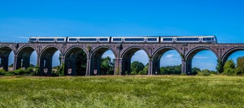 Train crossing a viaduct in Oxfordshire